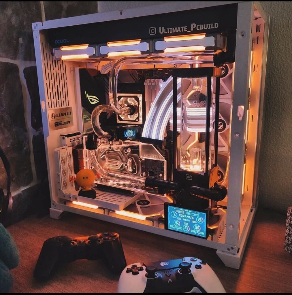 Το προσωπικό build του Ανδρέα με Lian Li O11, Alphacool watercooling και οθόνη telemetry